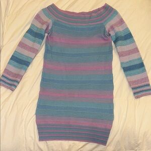 REVOLVE: Tularosa Kinsley Dress: Striped Off-Shoulder Sweater - Blue and Pink.